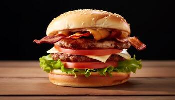 ai gerado grelhado gourmet hamburguer com queijo, bacon, e fresco legumes gerado de ai foto