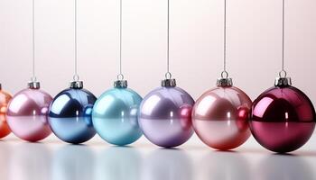 ai gerado Natal enfeite decoração dentro uma linha, brilhante esferas suspensão gerado de ai foto