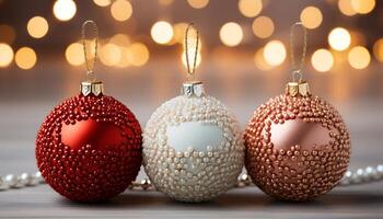 ai gerado Natal enfeite decoração, brilhando ouro esfera, brilhante inverno fundo gerado de ai foto