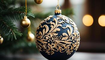 ai gerado brilhando ouro enfeite decora Natal árvore dentro elegante inverno cena gerado de ai foto