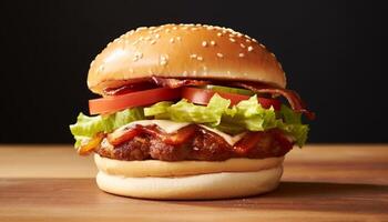 ai gerado grelhado carne hamburguer com queijo, tomate, e fresco pão gerado de ai foto