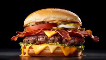 ai gerado gourmet grelhado Hamburguer de queijo em ciabatta, com fresco tomate e queijo cheddar gerado de ai foto