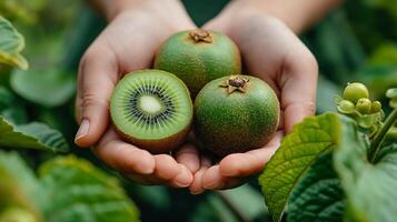 ai gerado segurando fresco orgânico kiwi fruta foto