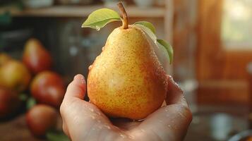 ai gerado segurando fresco orgânico pera fruta foto