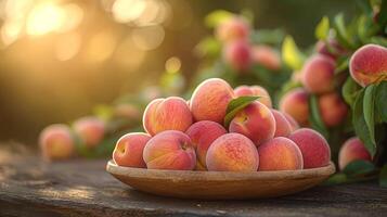 ai gerado fresco orgânico pêssego fruta dentro uma prato em uma mesa foto