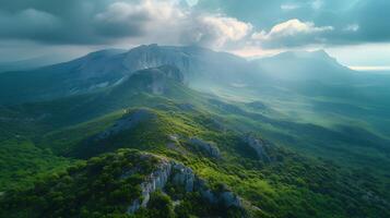 ai gerado lindo natural montanha zangão Visão panorama foto