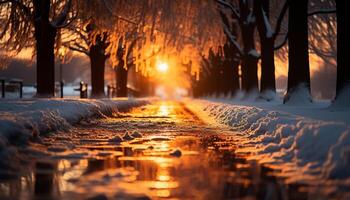 ai gerado tranquilo inverno floresta, iluminado de pôr do sol, neve coberto árvores gerado de ai foto