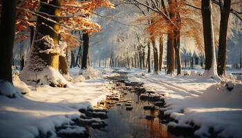 ai gerado tranquilo cena neve coberto floresta, inverno beleza, natureza paz gerado de ai foto