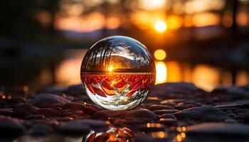 ai gerado pôr do sol reflexão em água, beber ao ar livre, relaxamento dentro natureza gerado de ai foto