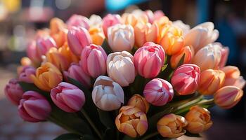 ai gerado uma vibrante ramalhete do multi colori tulipas traz natureza dentro de casa gerado de ai foto