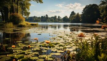 ai gerado tranquilo lagoa reflete outono árvore, Prado, e colorida flores gerado de ai foto