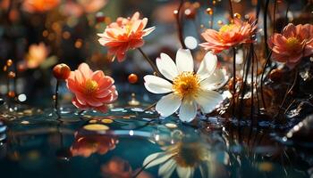 ai gerado uma vibrante ramalhete do flores silvestres reflete dentro uma tranquilo lagoa gerado de ai foto