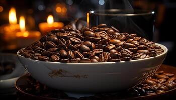 ai gerado recentemente fabricado café em uma Sombrio mesa, aromático e revigorante gerado de ai foto