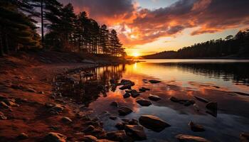 ai gerado tranquilo cena pôr do sol reflete em água, natureza beleza dentro crepúsculo gerado de ai foto