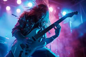 ai gerado masculino guitarrista jogando elétrico guitarra dentro a Difícil música show bokeh estilo fundo com generativo ai foto