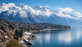 ai gerado montanha alcance reflete dentro tranquilo água, criando a idílico panorama gerado de ai foto