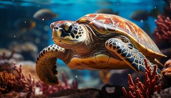 ai gerado uma lindo mar tartaruga natação dentro a colorida embaixo da agua recife gerado de ai foto