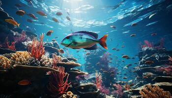 ai gerado embaixo da agua recife peixe dentro natureza, multi colori tropical clima, azul profundo gerado de ai foto