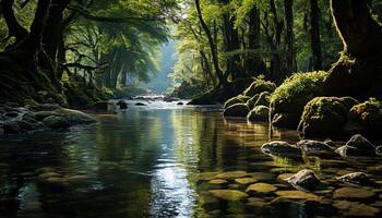 ai gerado tranquilo cena do uma verde floresta com fluindo água gerado de ai foto