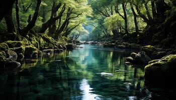 ai gerado tranquilo cena verde floresta, fluindo água, refletindo outono beleza gerado de ai foto