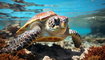 ai gerado tartaruga natação dentro azul água, exibindo natureza beleza embaixo da agua gerado de ai foto