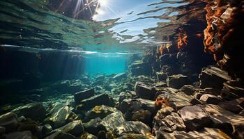 ai gerado embaixo da agua aventura natação com peixe dentro a profundo azul gerado de ai foto