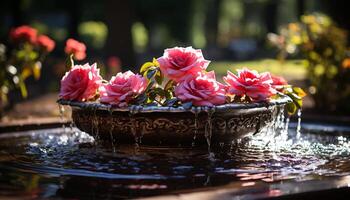 ai gerado a Rosa flor Flor reflete dentro a tranquilo lagoa água gerado de ai foto