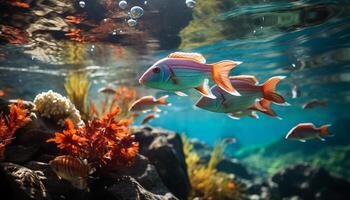 ai gerado vibrante embaixo da agua beleza peixe, coral, e mar vida natação gerado de ai foto