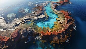 ai gerado uma majestoso aéreo Visão do uma tropical litoral, azul águas, e colorida coral recife gerado de ai foto