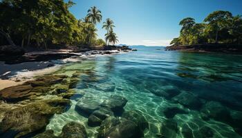 ai gerado tropical Palma árvores balanço, refletindo céu beleza em tranquilo águas gerado de ai foto