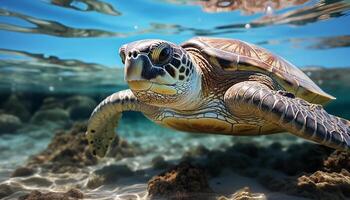 ai gerado uma lindo mar tartaruga natação dentro a azul embaixo da agua gerado de ai foto