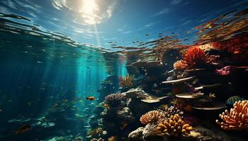 ai gerado embaixo da agua recife peixe dentro natureza, coral água, azul profundo gerado de ai foto