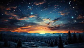 ai gerado majestoso montanha pico dentro inverno, nevando debaixo vibrante estrelado céu gerado de ai foto