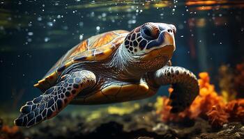 ai gerado uma lindo mar tartaruga natação dentro a embaixo da agua recife gerado de ai foto