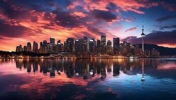 ai gerado arranha-céus iluminar cidade Horizonte, refletindo dentro beira-mar às crepúsculo gerado de ai foto