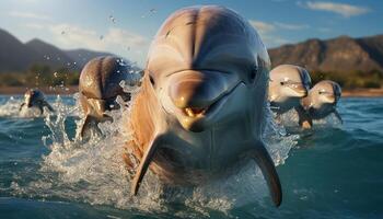 ai gerado sorridente golfinho natação dentro azul água, brincalhão e alegre gerado de ai foto
