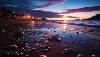 ai gerado tranquilo pôr do sol reflete vibrante cores sobre sereno água e litoral gerado de ai foto