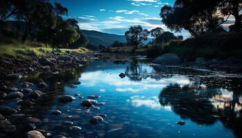 ai gerado tranquilo cena azul reflexão, pôr do sol sobre montanha, verde floresta gerado de ai foto