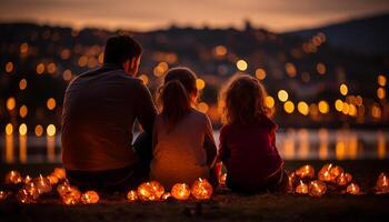 ai gerado família desfrutando uma fogueira, abraçando amor e união dentro natureza gerado de ai foto