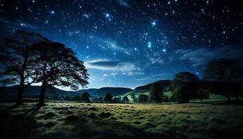 ai gerado silhueta do árvore dentro Sombrio paisagem, leitoso caminho brilha gerado de ai foto