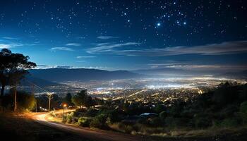 ai gerado montanha pico iluminado de luar dentro uma Sombrio noite céu gerado de ai foto