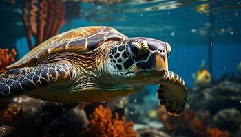 ai gerado uma lindo verde mar tartaruga natação dentro a colorida recife gerado de ai foto