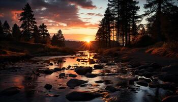 ai gerado tranquilo pôr do sol reflete beleza dentro natureza, montanhas e fluindo água gerado de ai foto