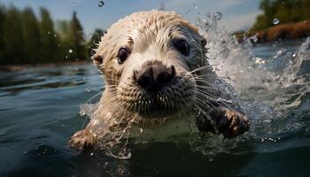 ai gerado fofa cachorro jogando dentro água, tendo Diversão em uma verão dia gerado de ai foto