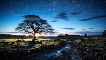 ai gerado tranquilo crepúsculo, natureza beleza pôr do sol, árvore, céu, montanha, reflexão gerado de ai foto