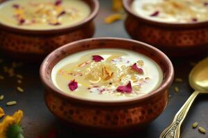 ai gerado kheer, payasam, uma cremoso e doce arroz pudim indiano prato, fez de ebulição leite, açúcar ou açúcar mascavo, e arroz. generativo ai foto