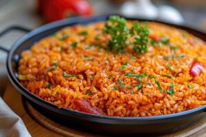 ai gerado nigeriano jollof arroz. generativo ai foto