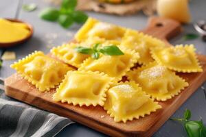 ai gerado abóbora Ravioli, delicioso e suntuoso branco cozinha decoração. generativo ai foto