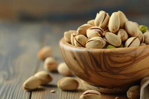 ai gerado crocante prazeres, pistachios aninhado dentro uma de madeira tigela. generativo ai foto