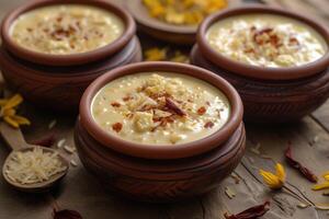 ai gerado kheer, payasam, uma cremoso e doce arroz pudim indiano prato, fez de ebulição leite, açúcar ou açúcar mascavo, e arroz. generativo ai foto